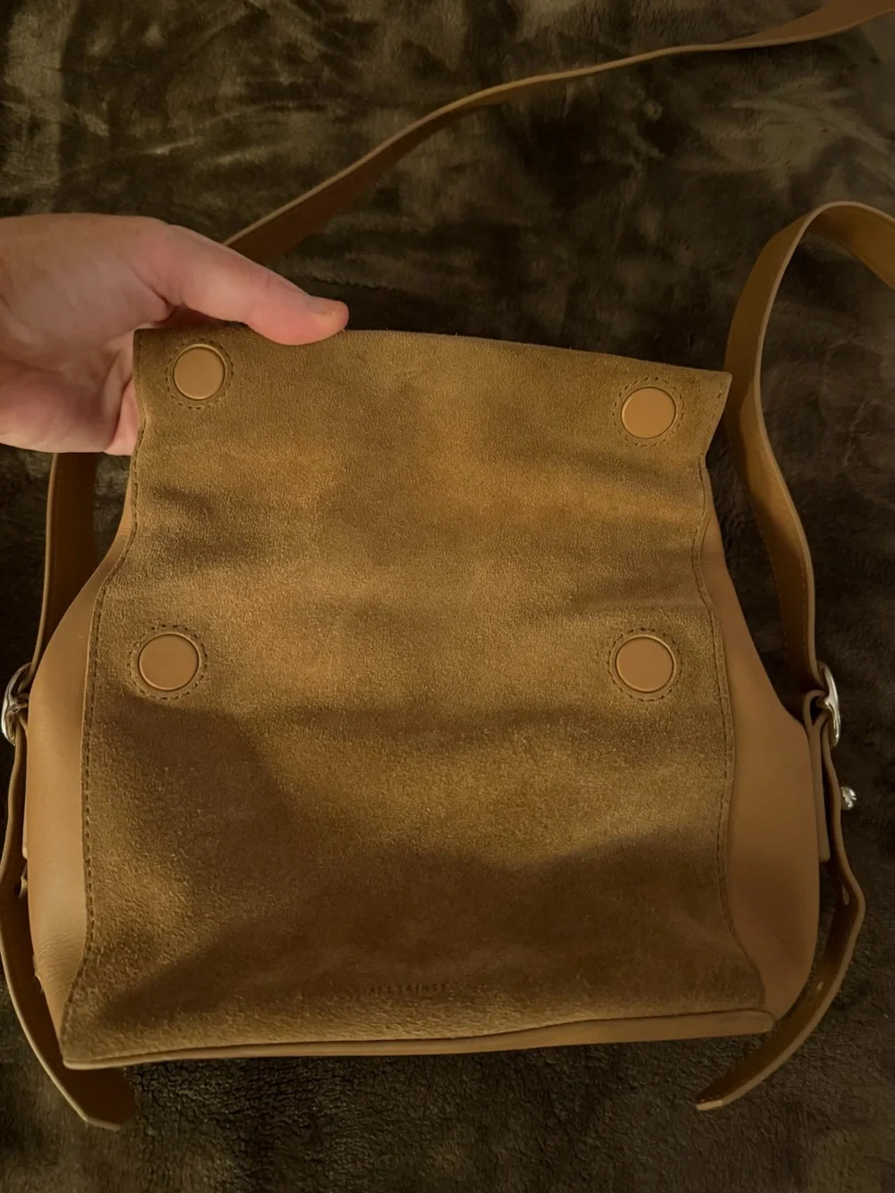 All Saints Taupe Leather & Suede Messenger Bag with Snakeskin Accent